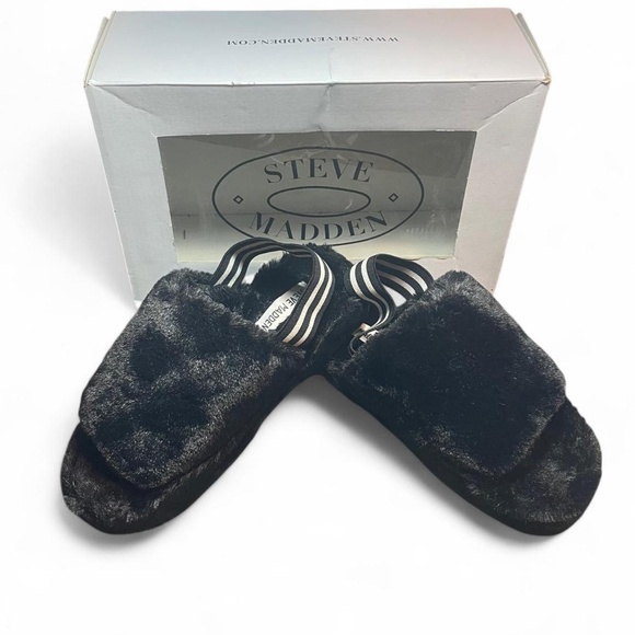 Steve Madden Softy Fuzzy Faux Fur Women Slides With Straps , Black, Size 6. New - Picture 1 of 8